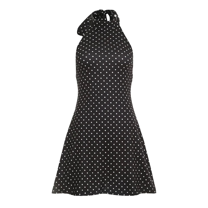 Polka Dot Print Halter Dress Slim Backless