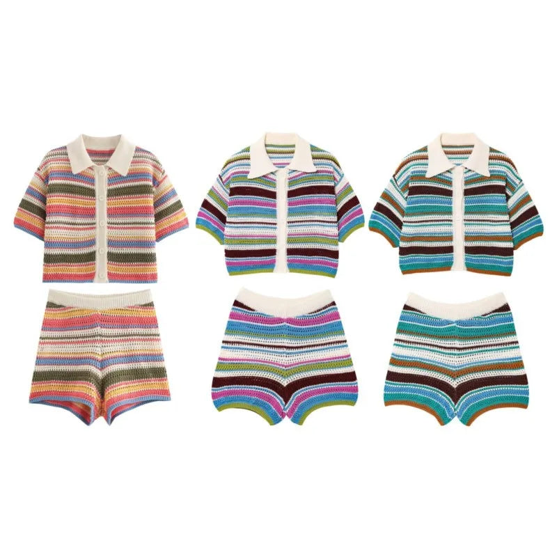 Patchwork Striped Sweater Knit Shorts Suit