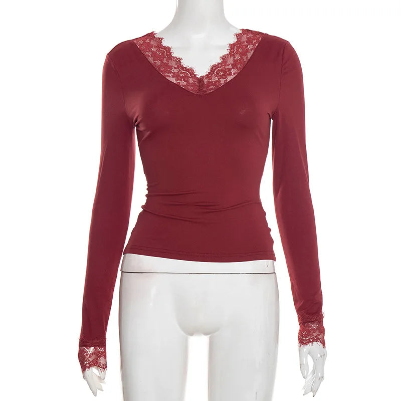 Tornova V neck Lace T shirt Top