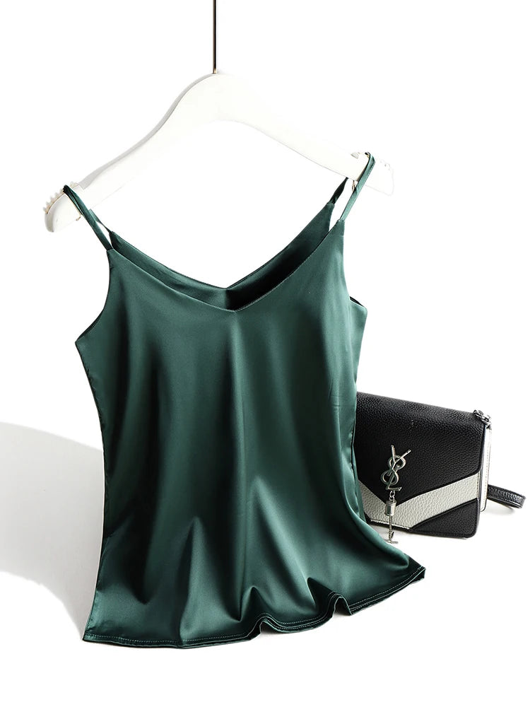 AOSSVIAO 2026 Spaghettiträger Top Damen Neckholder V-Ausschnitt Basic Weißes Cami Ärmelloses Satin Seiden Tank Top Damen Sommer Camisole