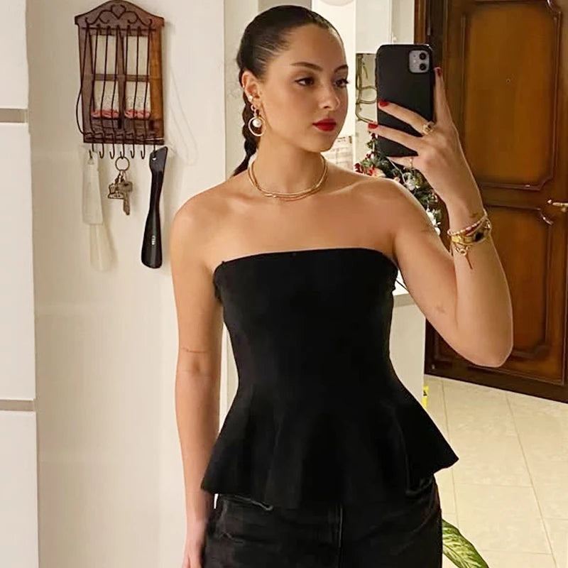 HXAO Korsett Tube Top Damen Sommer 2025 Weiß Rosa Blau Gelb Schwarz Top Bustier Rüschen Westen Süß Ärmelloses Rückenfreies Tank Top