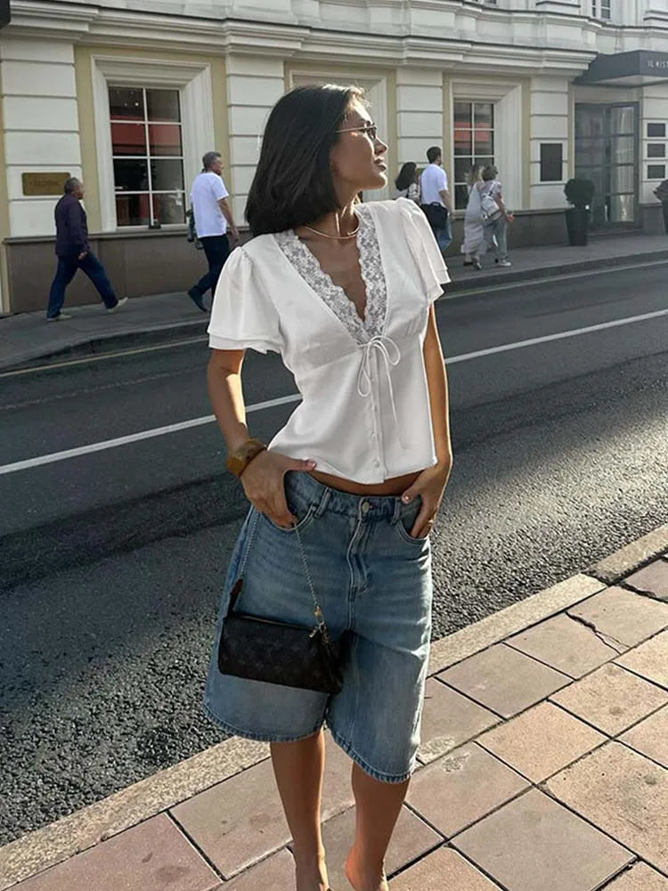 Ahagaga Causal Women Tops Solid Lace