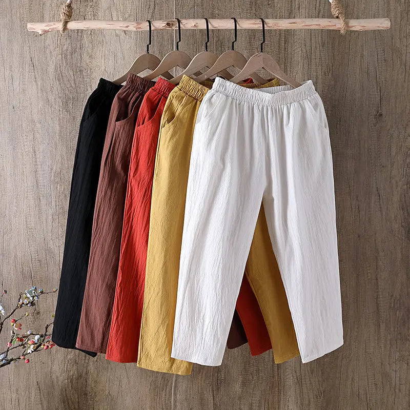 Summer Casual Loose Elastic Waist Cotton Trousers