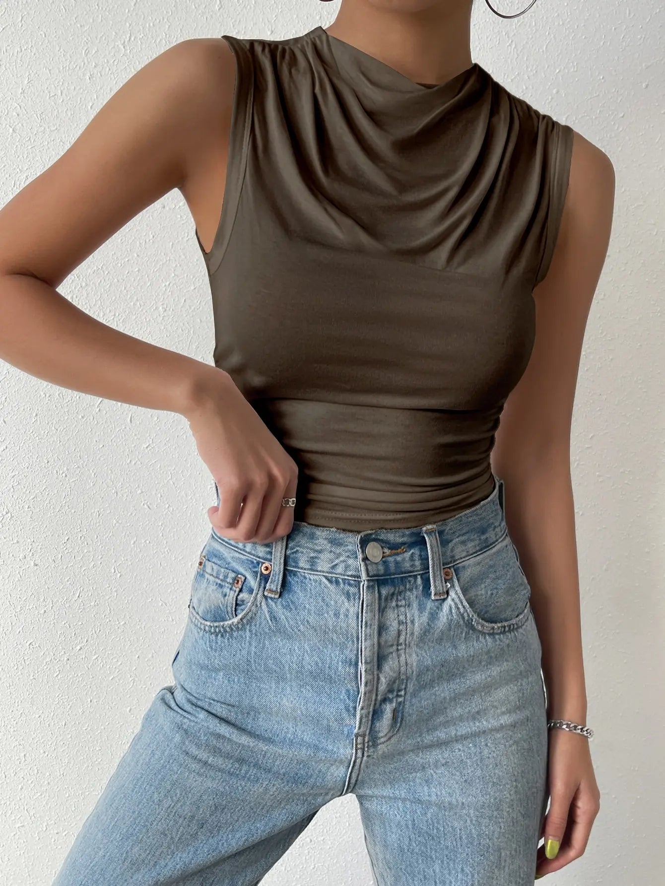 Women's Casual Half High Neck Sleeveless T-Shirt Top