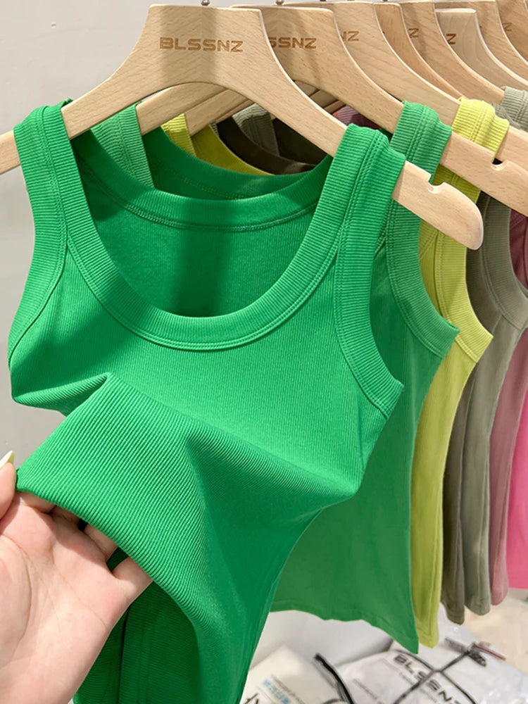zjaiss Damen Einfarbig Rundhals Geripptes Tanktop Camisole Damen 2026 Sommer Basic Elastisches Tanktop O-Ausschnitt Einfarbiges Tanktop