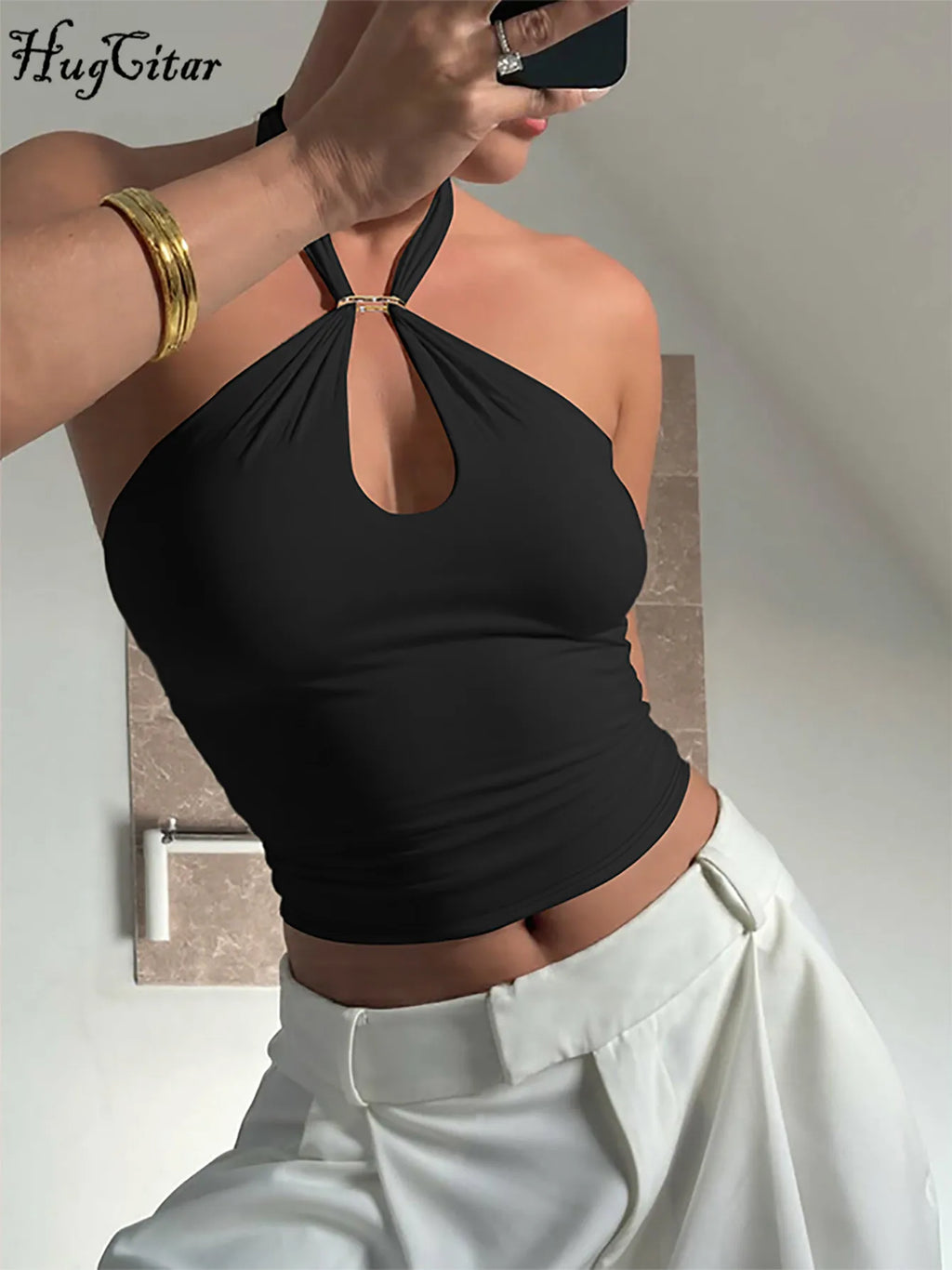 Hugcitar Halter Solid Loop Crop Tank Top
