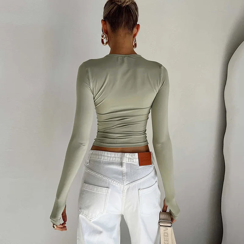 T-shirt Long Sleeve Crew Neck Solid Slim Fit Crop Top