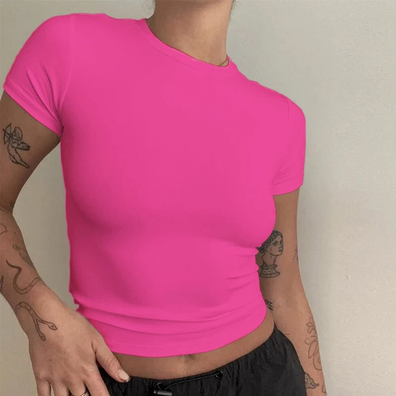Damenbekleidung Kurzarm T-Shirt Eng Anliegende Oberteile Damen O-Ausschnitt Gestricktes Etui-T-Shirt Streetwear Sex Sportlich 2024 Y2K Neu2410