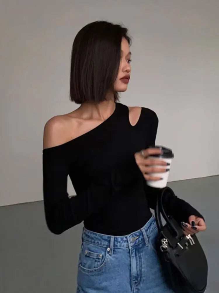 Skew Collar Off-shoulder Long-sleeved T-shirts
