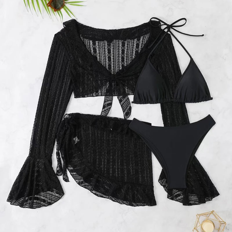 2026 Sexy vierteiliger Damen-Badeanzug Langarm-Vertuschung Bademode Sommer Unifarbenes Bikini-Set Brasilianische Strandmode Party-Badeanzug