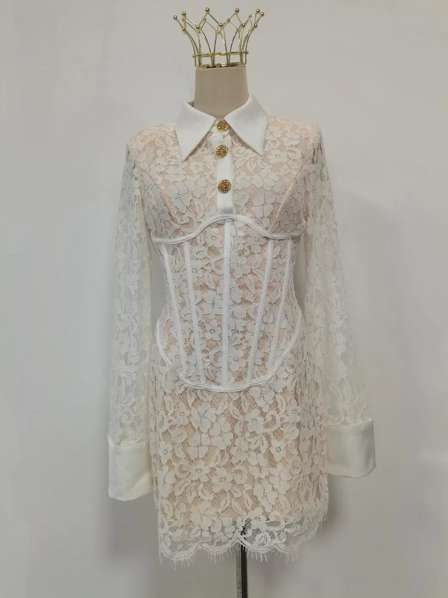 VGH Retro Lace Mini Shirt Dress for Women