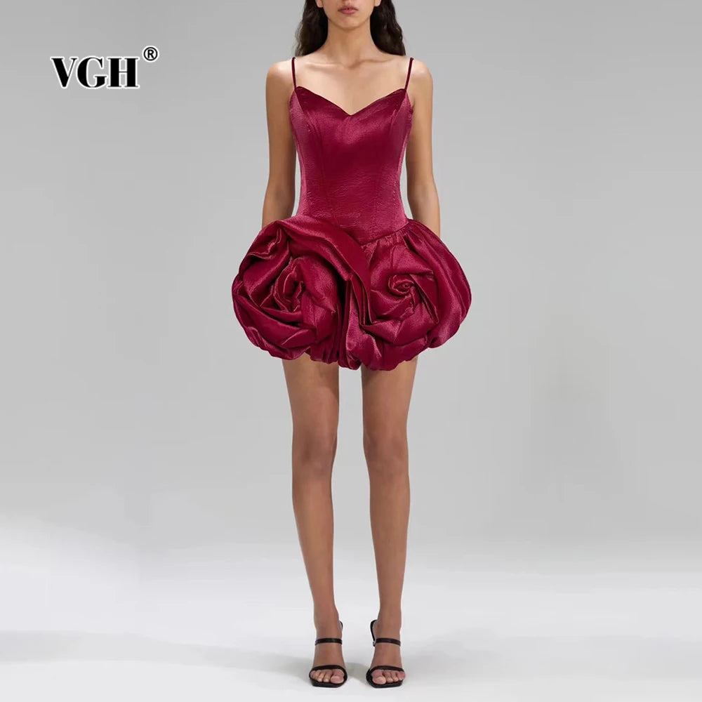VGH Solid Sexy Patchwork Flower Hem Dress for Women