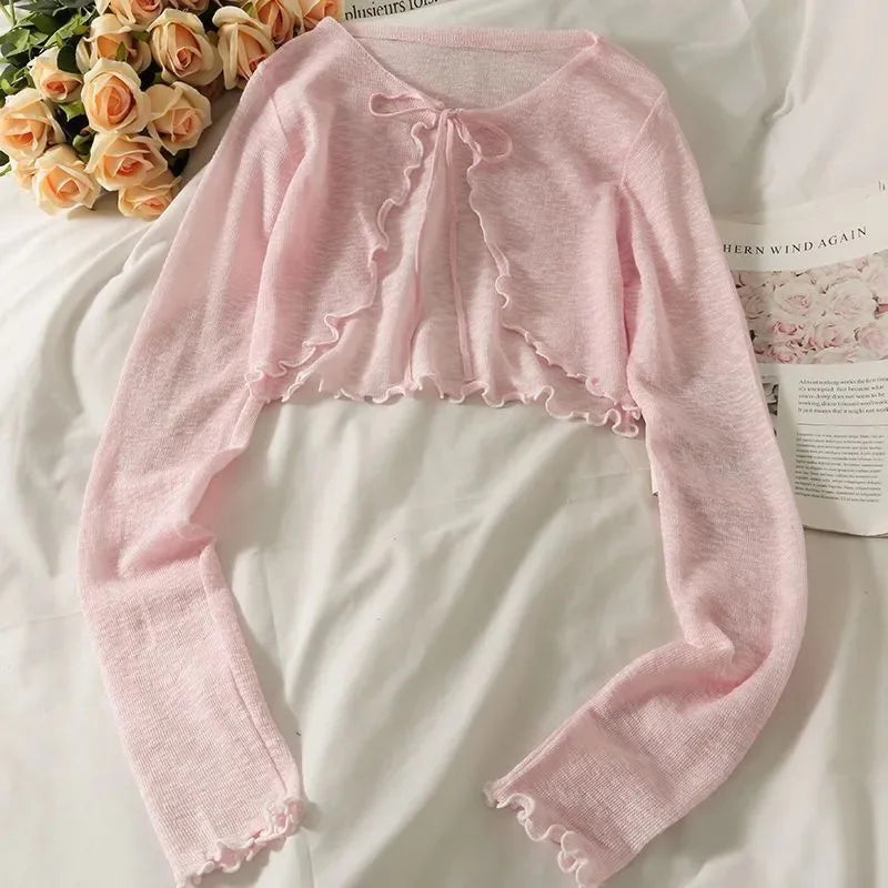 Sommer Damen Dünne Sonnencreme Strickjacke Schnürung Strickwaren Tops Weiblich Koreanischer Stil Laternenärmel Kurzer Mantel Lässig Sonnenfeste