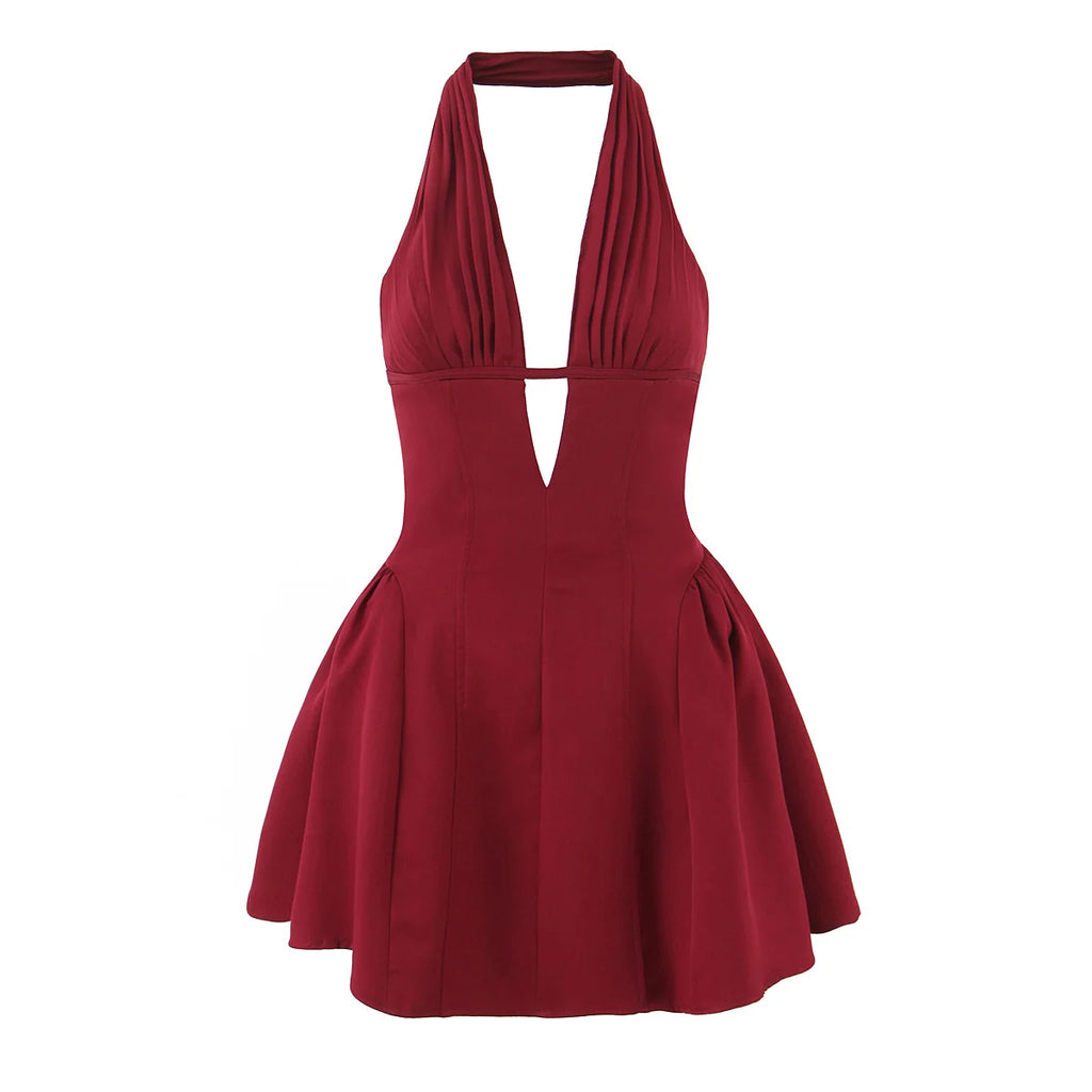 French Style Retro Polka Dot Deep V Halter Dress
