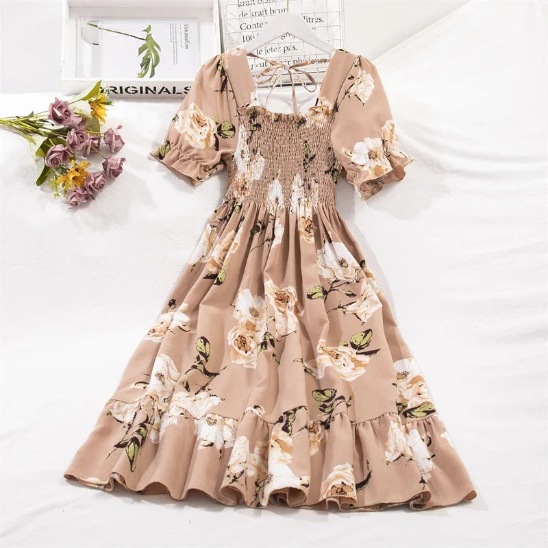 Waist Short Sleeve Pleated Casual Dress
