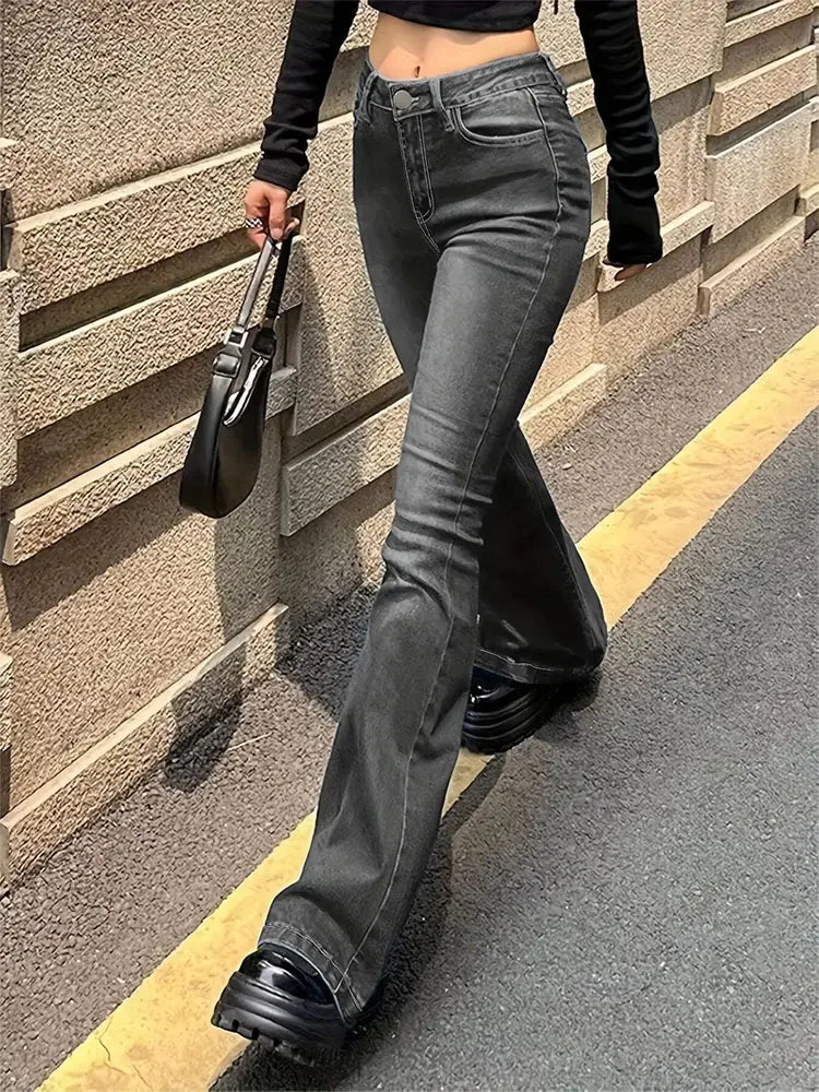 Women Flare Stretch Jeans Skinny Gray Denim Pants