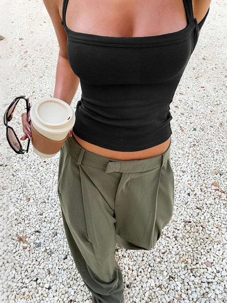 Ribbed Casual Tank Tops Low-Neck Cross Strap