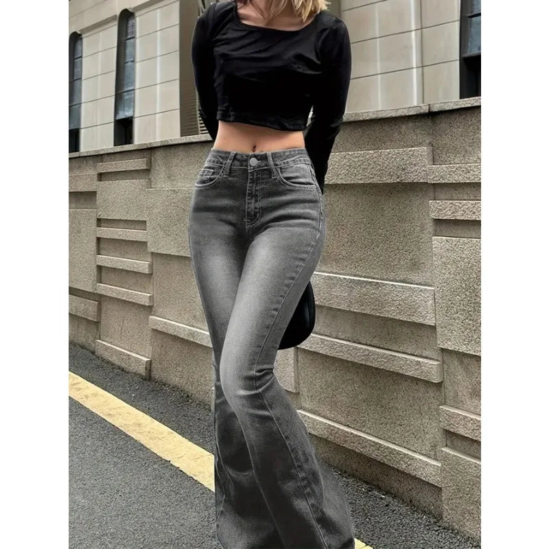 Women Flare Stretch Jeans Skinny Gray Denim Pants