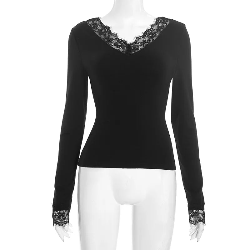 Tornova V neck Lace T shirt Top