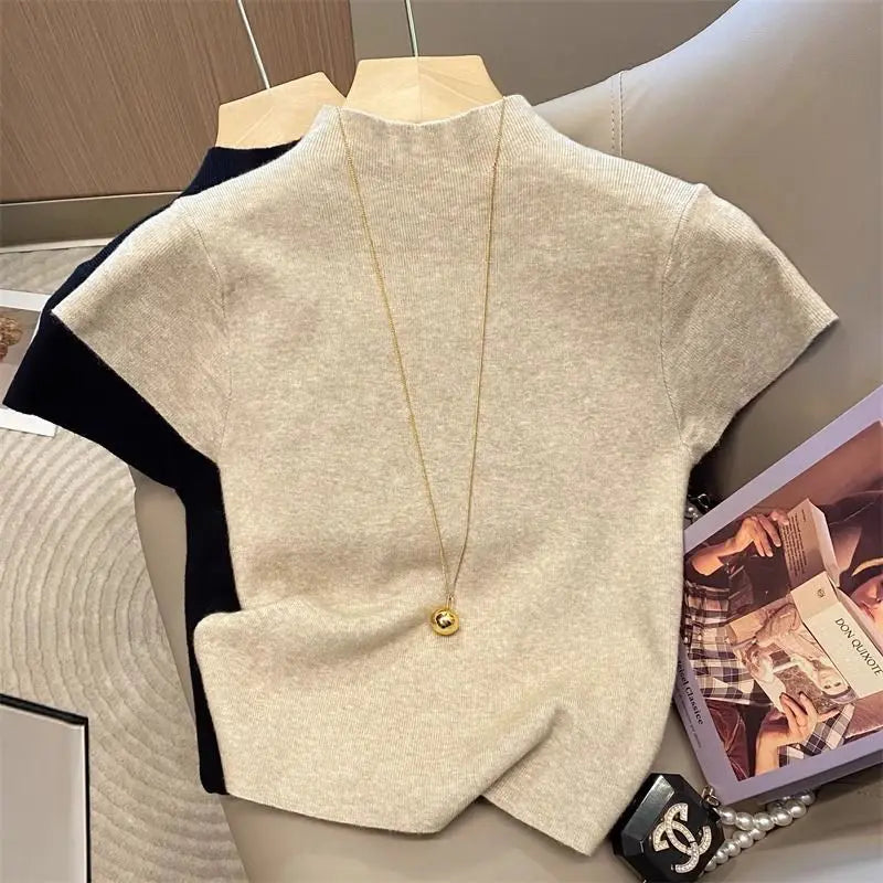 Basic Rollkragenpullover Einfarbig Dünn Sommer 2026 Pullover Damen Female Gestrickter Pullover Slim Kurzarm Bodycon Pullover