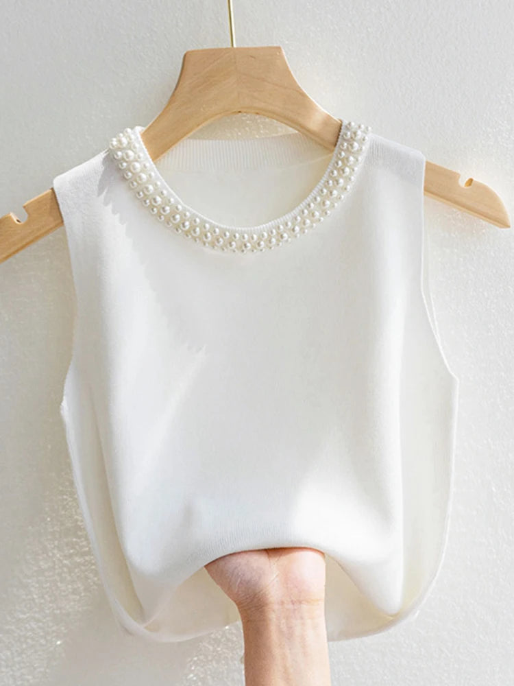 Korea Strickwesten Damen Top Uni Tank Blusen Mujer De Moda Sommer Neue Mode Damen Ärmellose Perlen Lässige Dünne Oberteile