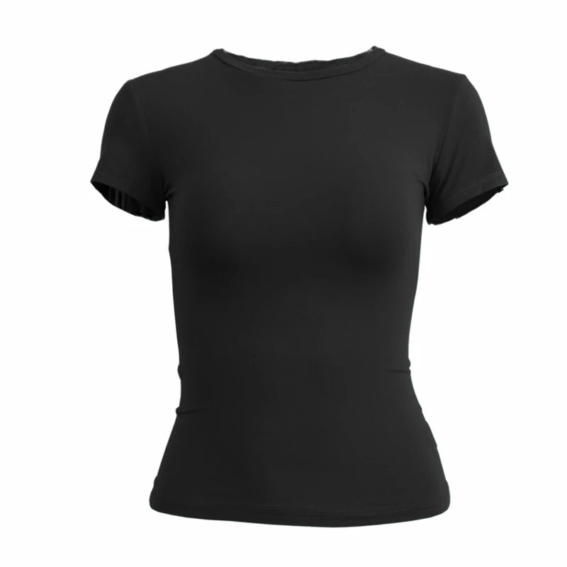Damenbekleidung Kurzarm T-Shirt Eng Anliegende Oberteile Damen O-Ausschnitt Gestricktes Etui-T-Shirt Streetwear Sex Sportlich 2024 Y2K Neu2410
