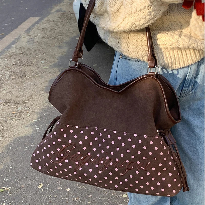 Brand Women's Shoulder Bag Y2k Fashion Sweet Polka Dot Handbag Korean Casual Versatile Leopard Print Brown Frosted Tote Bags