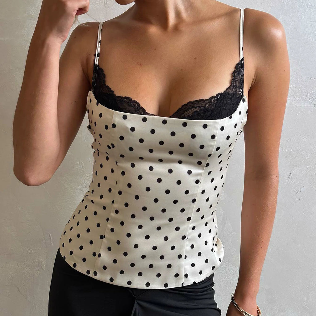 Chic Lace Patchwork Polka Dot Camis Tops