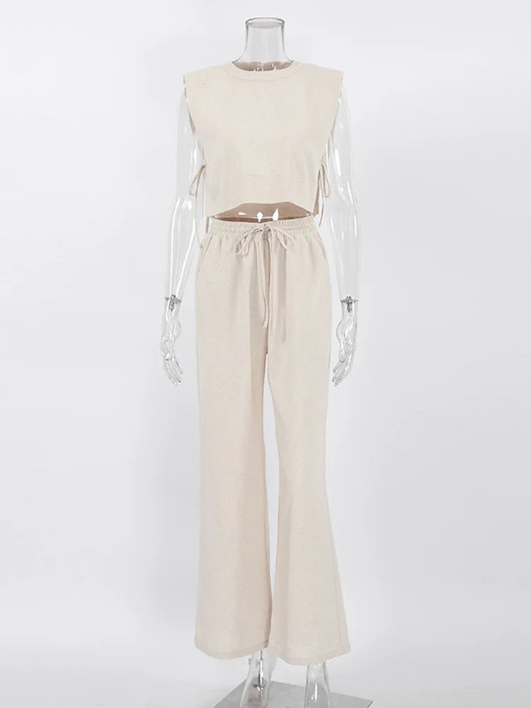 Holiday Linen Pant Set Crop Tops Solid Outfits