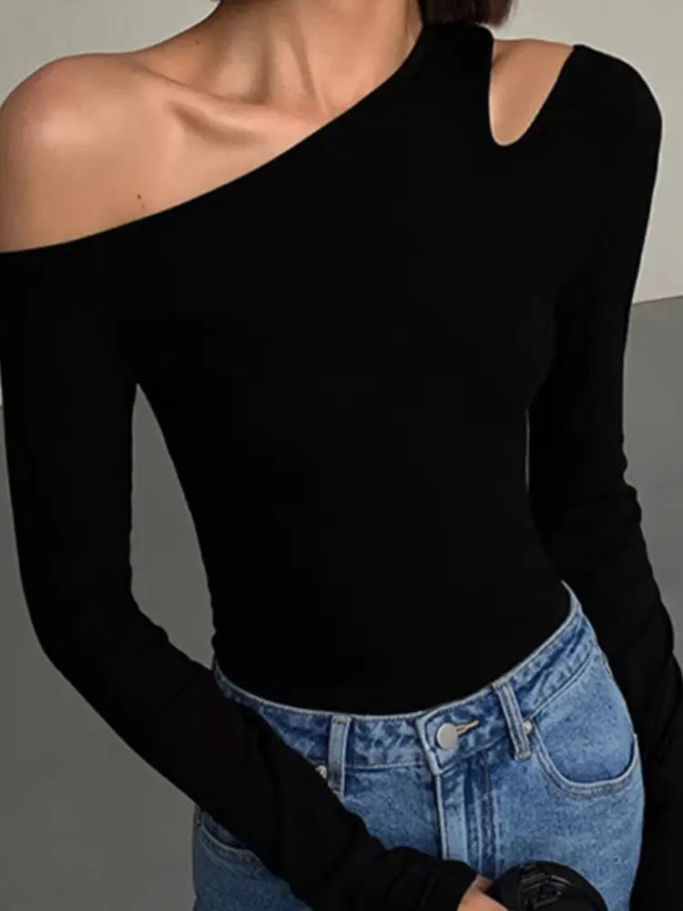 Skew Collar Off-shoulder Long-sleeved T-shirts