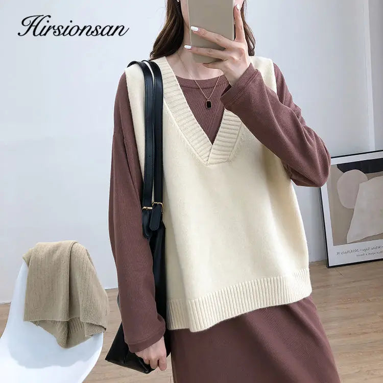 Hirsionsan V Neck Knitted Sweater Vest Women