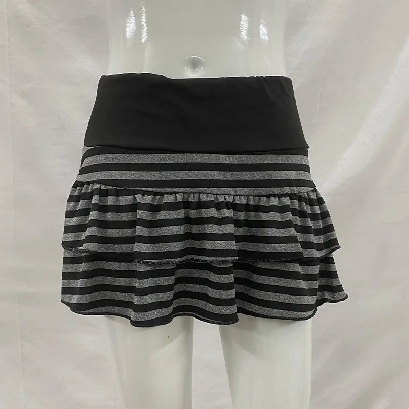 2026 Sommer Neue Damenmode Y2K Grunge Schwarz-Grau Gestreifter Rüschen-Minirock Hoher Bund Elastischer Bund Enger A-Linien-Rock