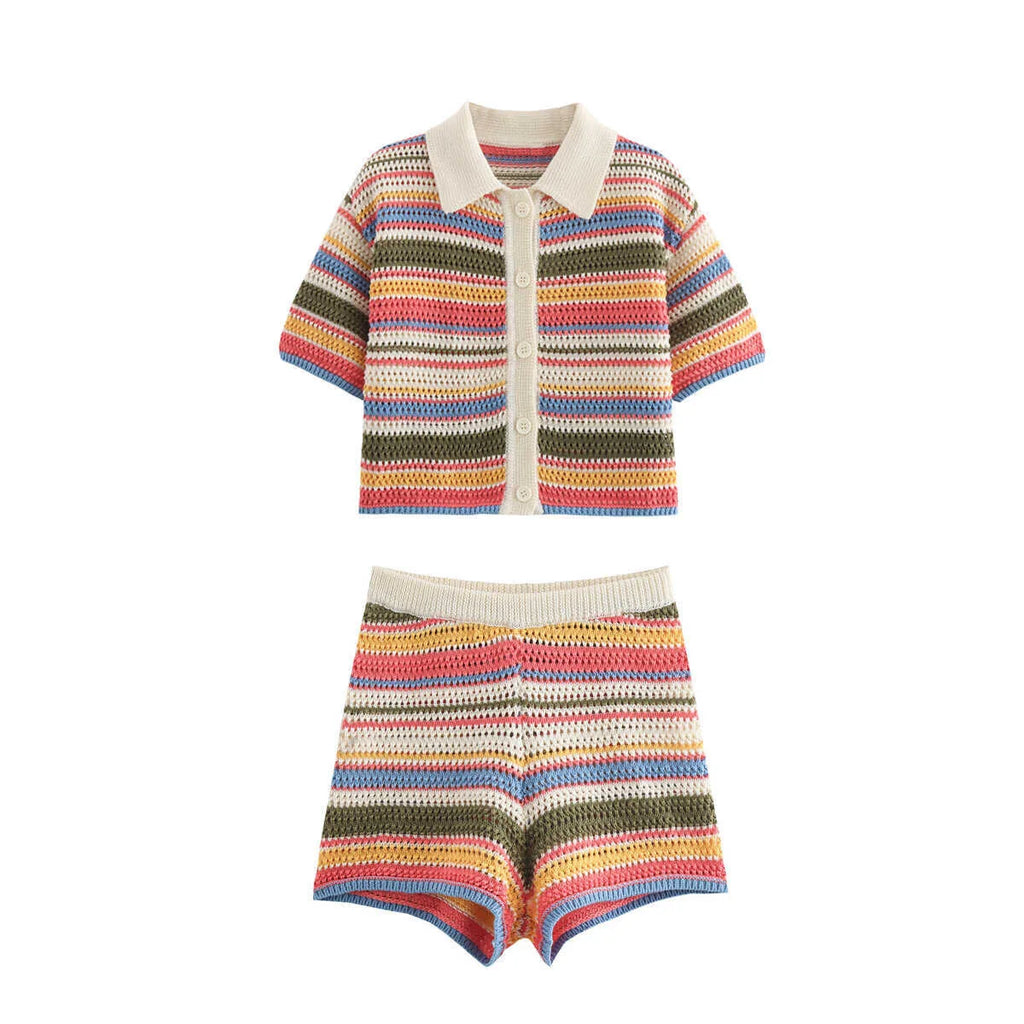 Patchwork Striped Sweater Knit Shorts Suit