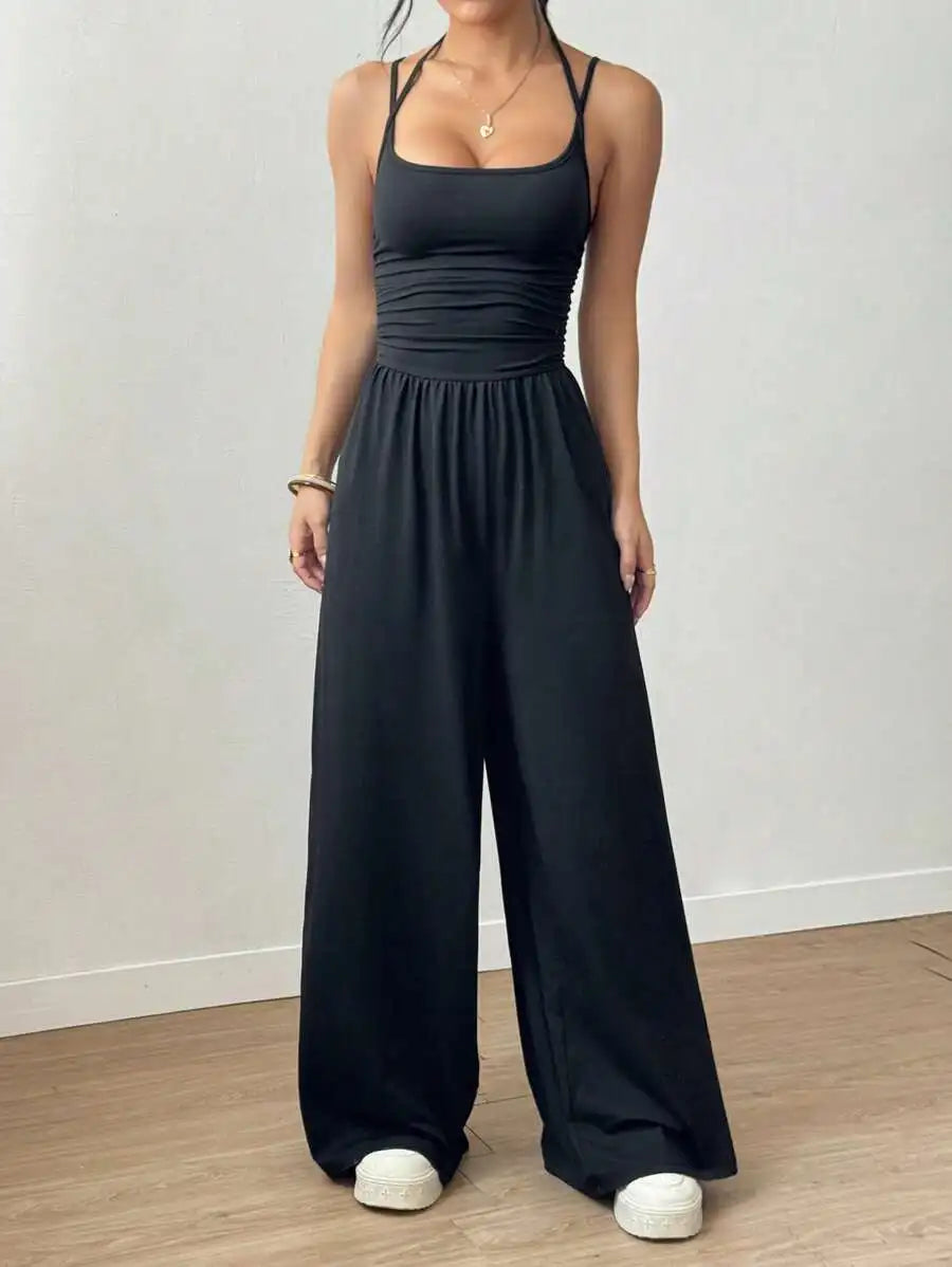 Damen Sommer Schwarz Lässig Plissiert Locker Weites Bein Overall, Verstellbares Neckholder-Band