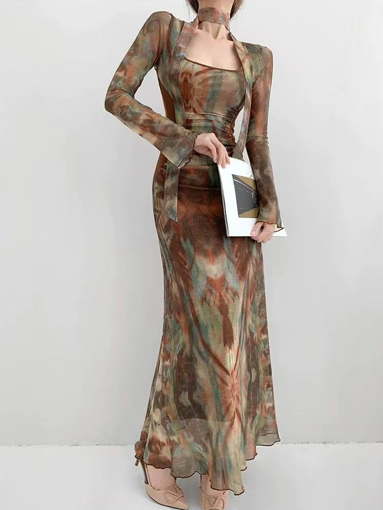 Vintage Tie Dye Print Mesh Dress