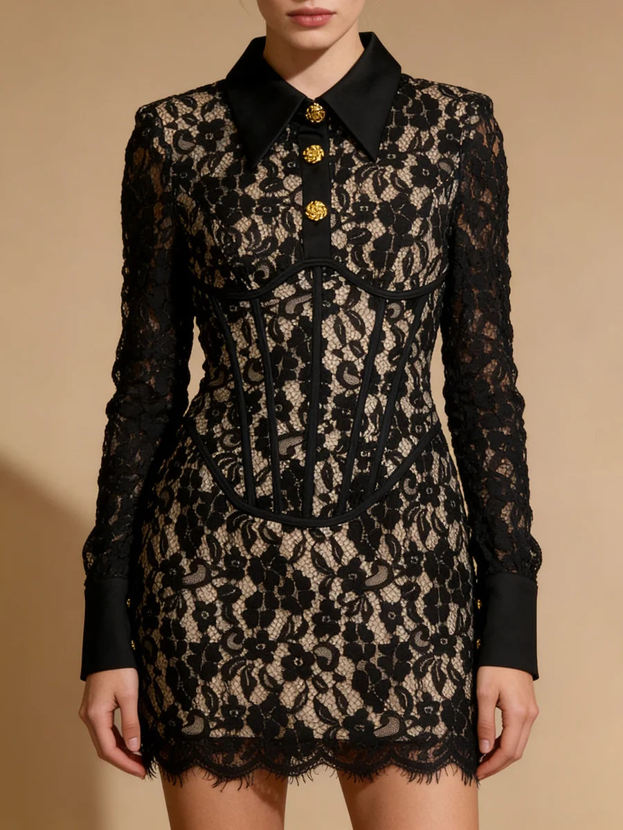 VGH Retro Lace Mini Shirt Dress for Women