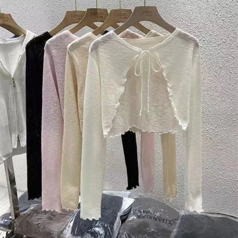 Sommer Damen Dünne Sonnencreme Strickjacke Schnürung Strickwaren Tops Weiblich Koreanischer Stil Laternenärmel Kurzer Mantel Lässig Sonnenfeste