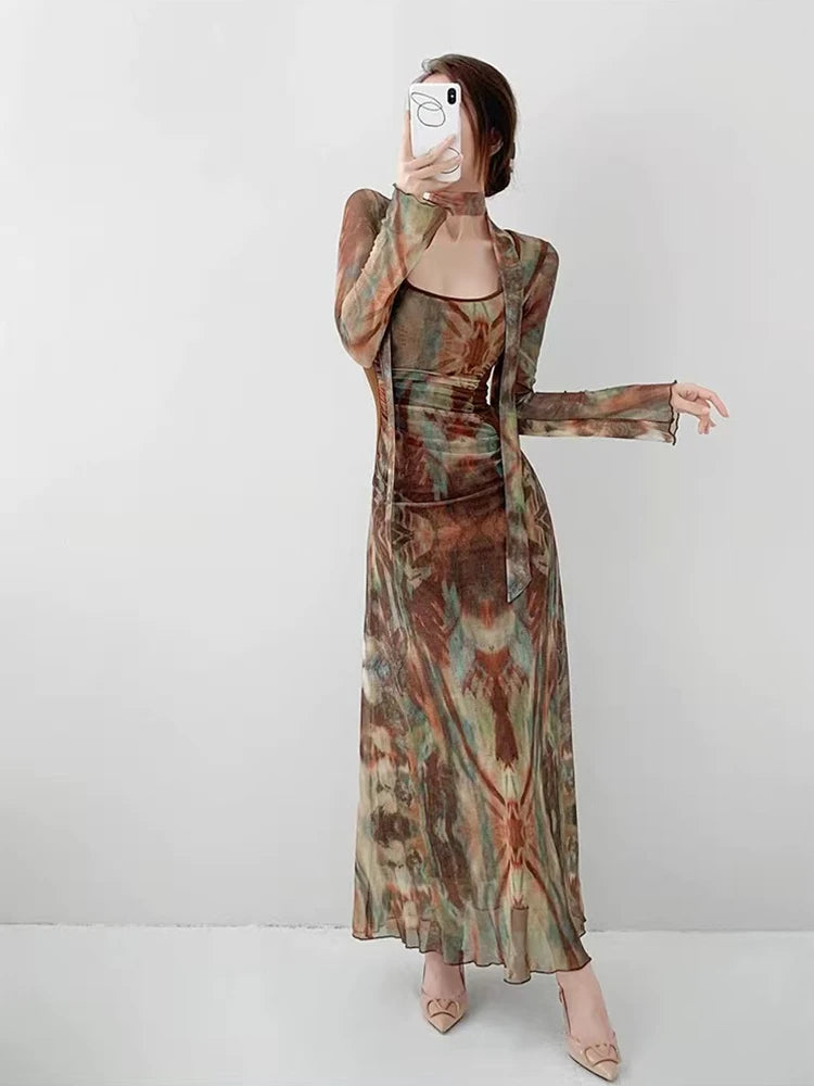 Vintage Tie Dye Print Mesh Dress