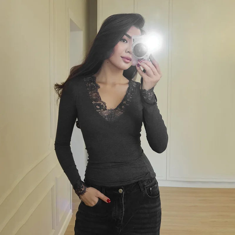 Tornova V neck Lace T shirt Top