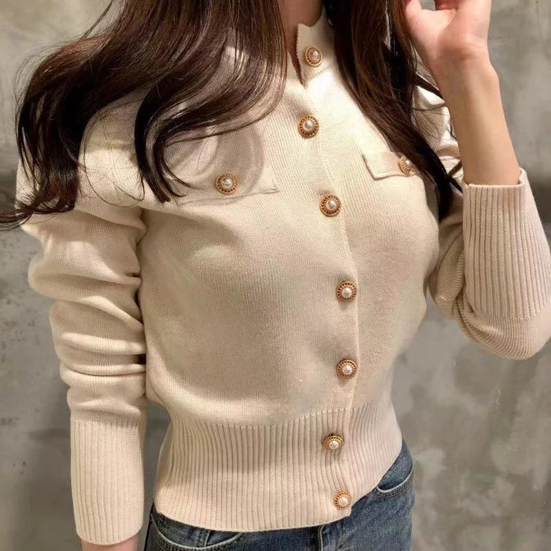 2026 Herbst Langarm Mode Damen Strickjacken Pullover Gestrickter Mantel Kurz Lässiger Einreihiger Koreanischer Schmaler Eleganter Damenoberteile