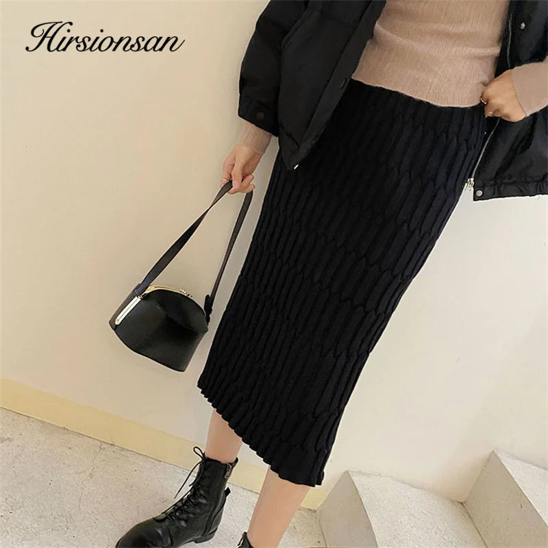 Hirsionsan Solid Elastic Straight Knitted Skirt