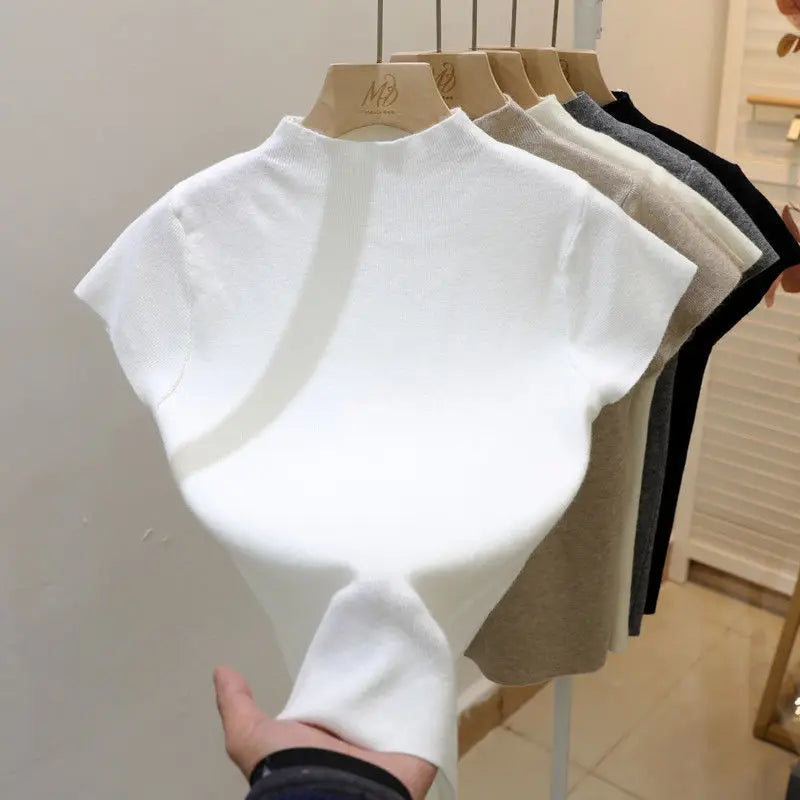 Basic Rollkragenpullover Einfarbig Dünn Sommer 2026 Pullover Damen Female Gestrickter Pullover Slim Kurzarm Bodycon Pullover