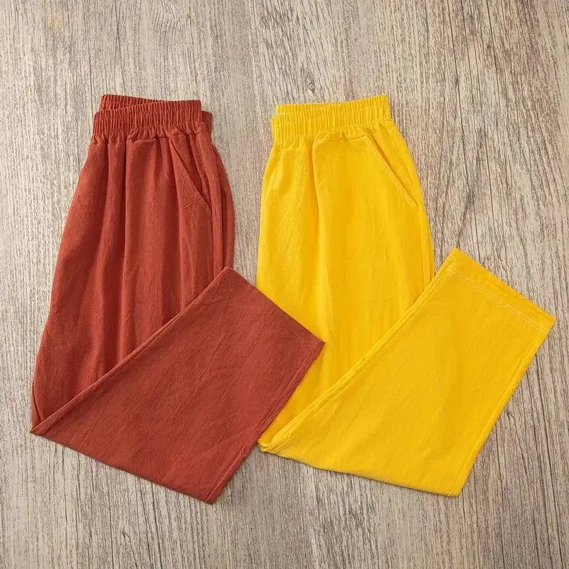 Summer Casual Loose Elastic Waist Cotton Trousers
