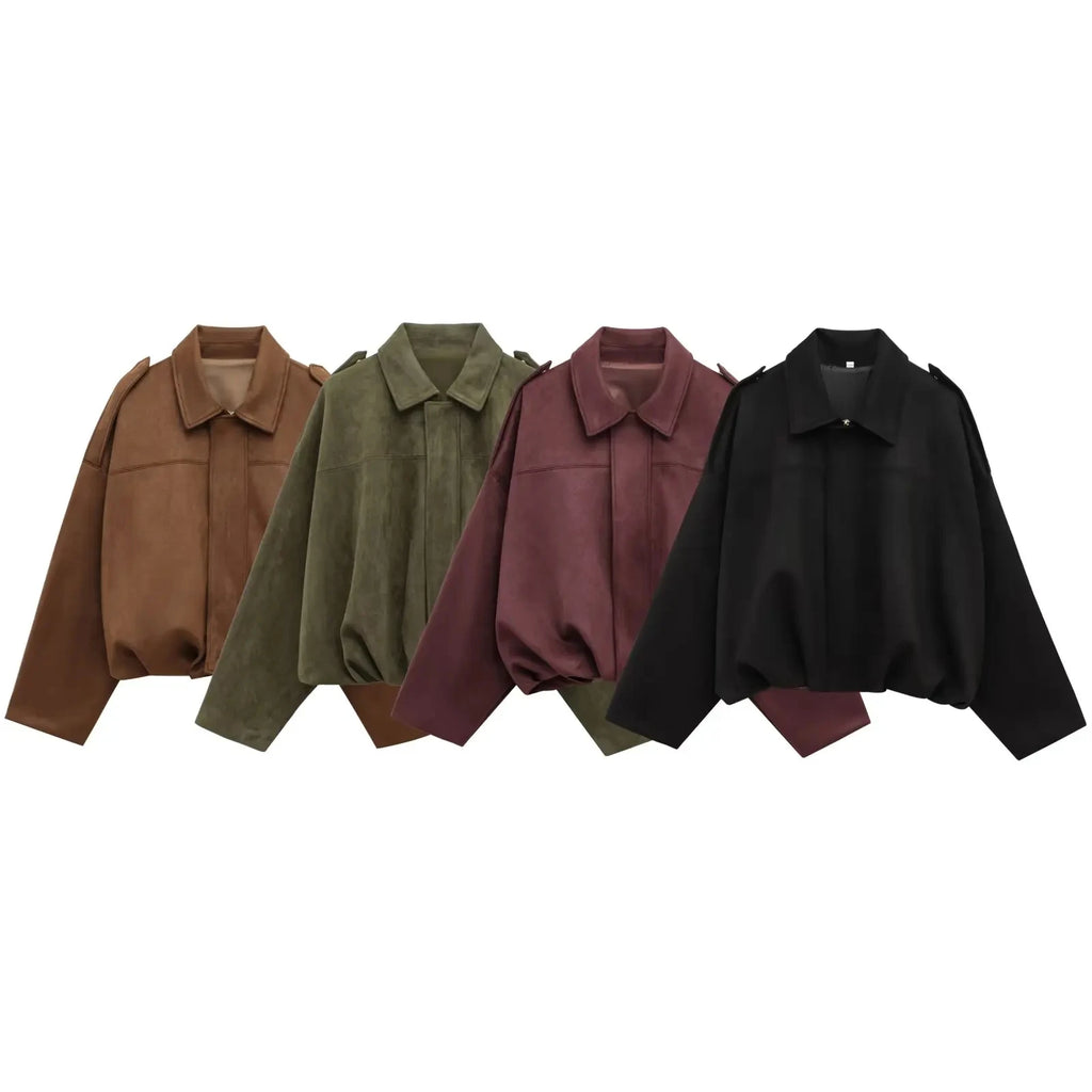 HH Damen Street Fashion Einfarbig Locker Veloursleder Textur Mäntel Lässig Lange Fledermausärmel Revers Reißverschluss Winter Vintage Jacken