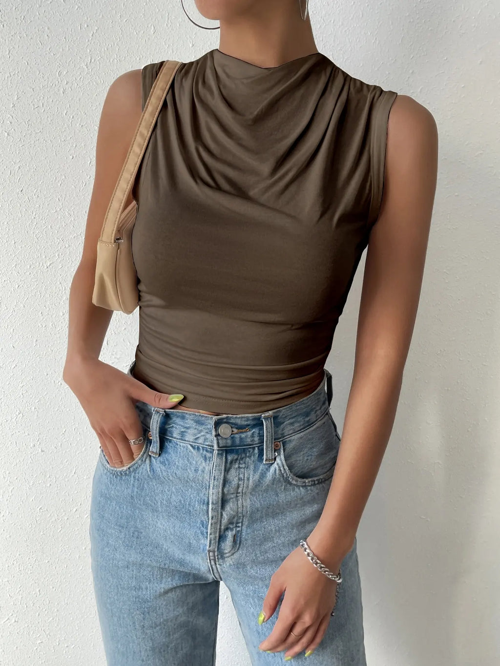 Women's Casual Half High Neck Sleeveless T-Shirt Top