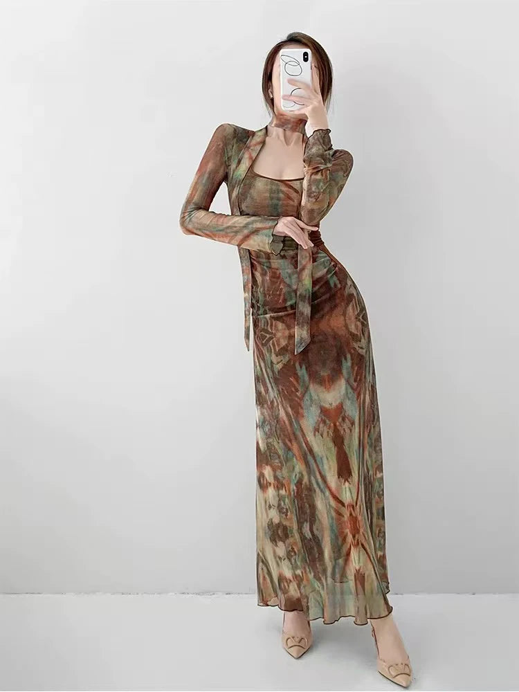 Vintage Tie Dye Print Mesh Dress
