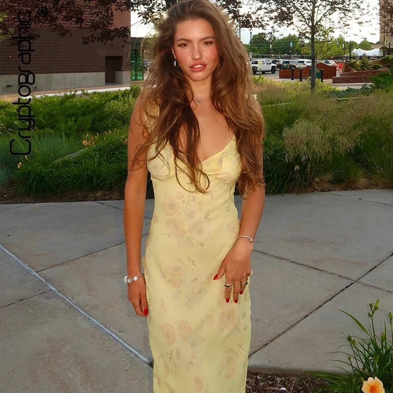 Kryptografischer Sommer Blumenmuster Plunge Maxikleid Outfits Sexy rückenfreie Feen Sonnenkleider Urlaub Strandmode Vestido Coquette