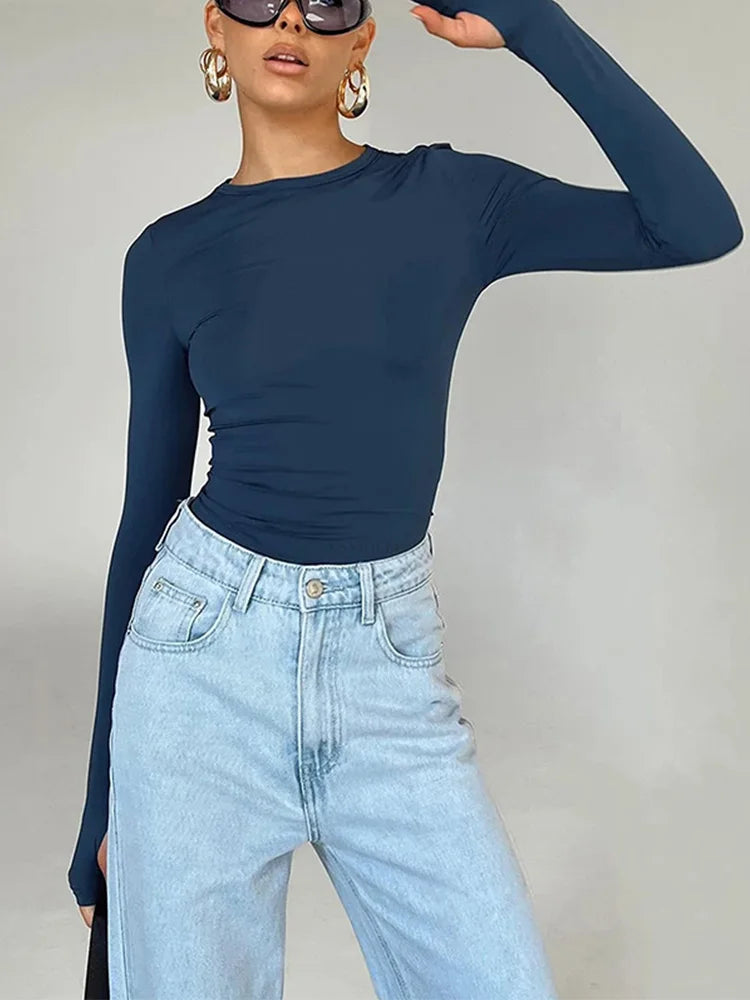 Fashion Damen T-Shirt Langarm Rundhals Unifarben Slim Fit Damen Crop Top mit Daumenlöchern für den Alltag Streetwear Sommer Camis