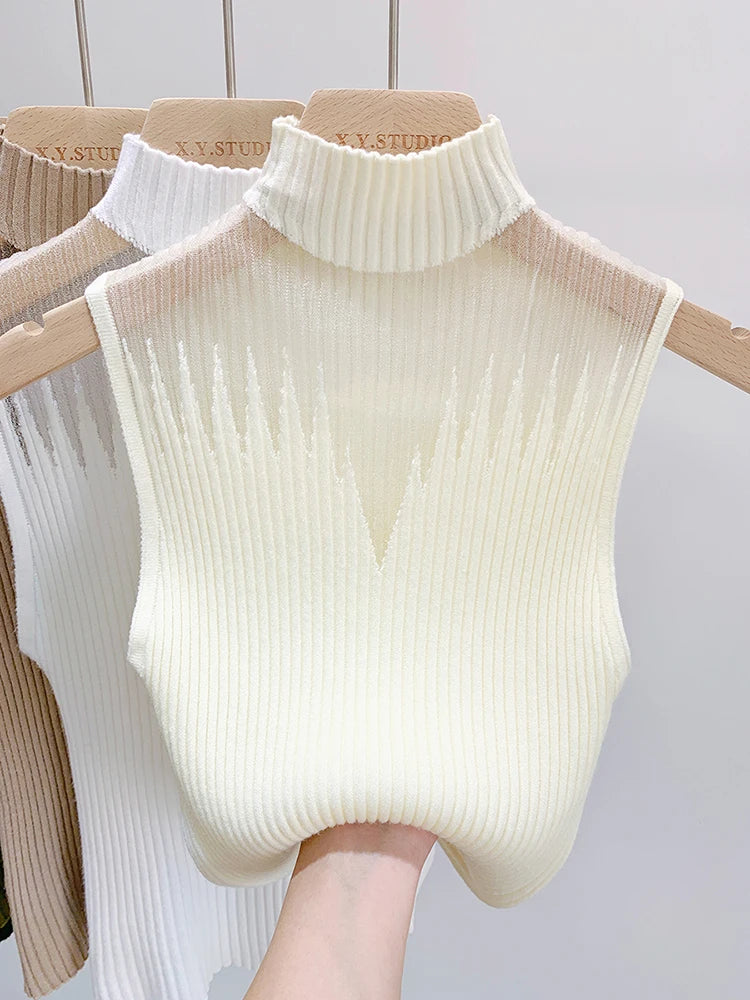 Mesh Strickoberteil Damen Y2K Tank Top Halbkragen Weste Ärmelloser Pullover Chic Cut Out Streetwear Solides Enges Tube Top