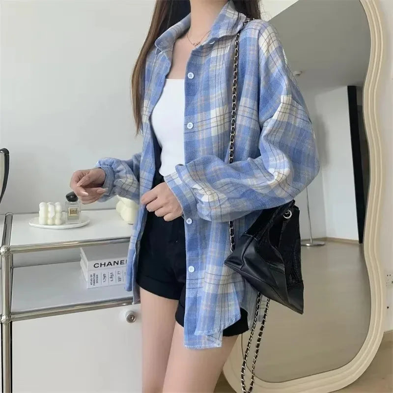 Plaidhemd Damen Mode Herbst Langarm Top Weibliche Vintage Einreiher Bluse Damen Preppy Style Locker Karierte Hemden